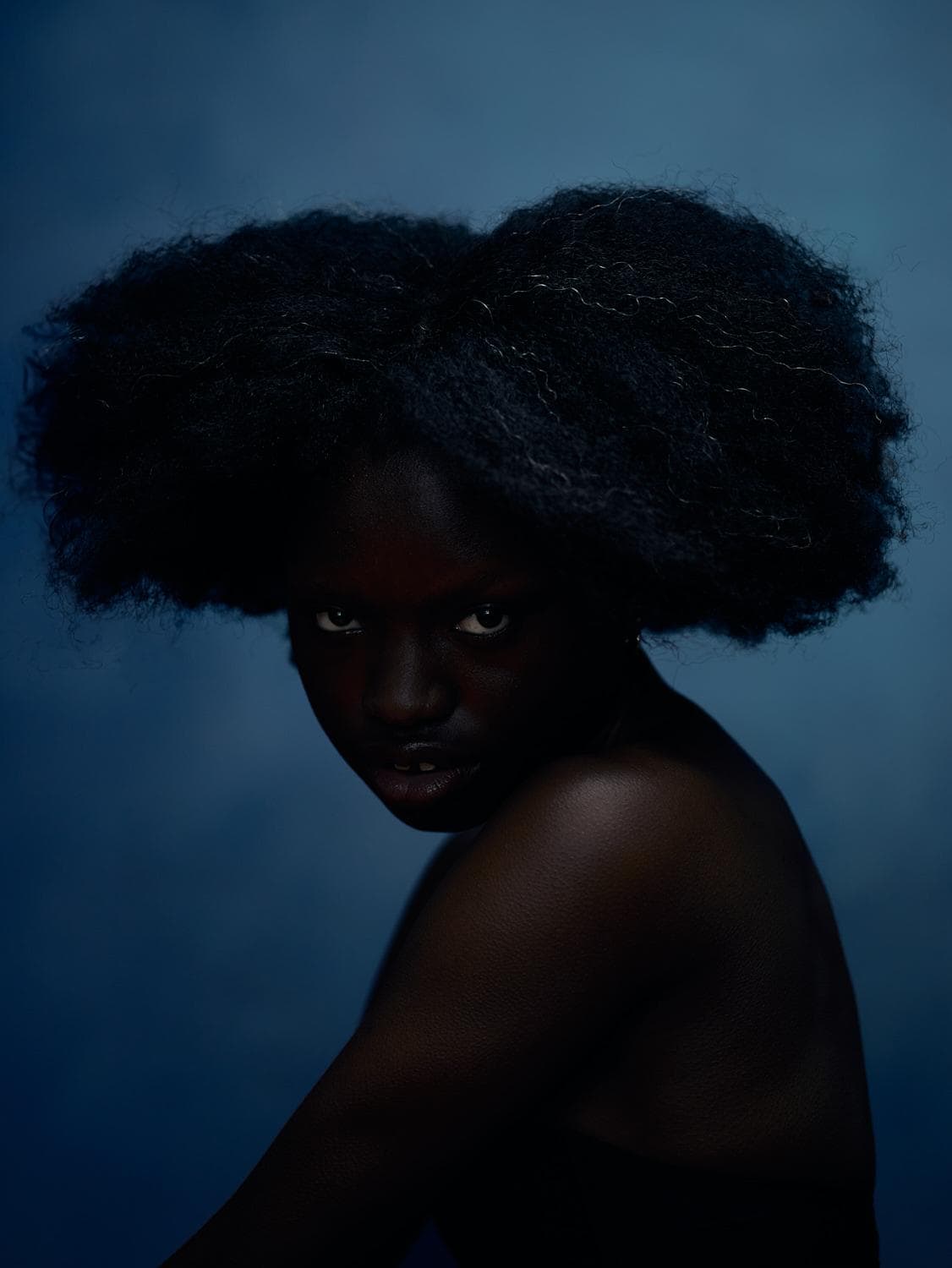 Close portrait of a person with voluminous textured hair, turned over one shoulder against a deep blue background.